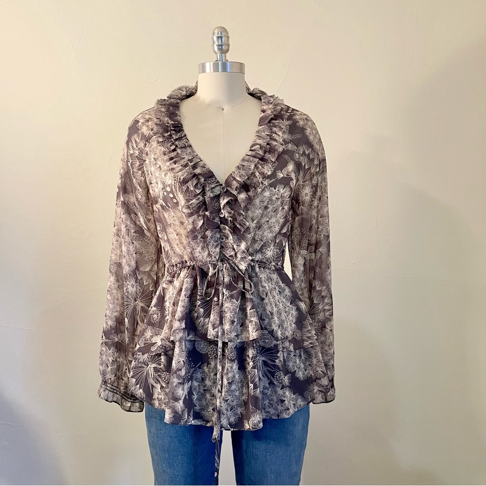 Rebecca Taylor Grey Floral Ruffle Blouse